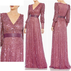 Mac Duggal Sequined Wrap Over Bishop Sleeve Gown maxi dress 22 pink 5720